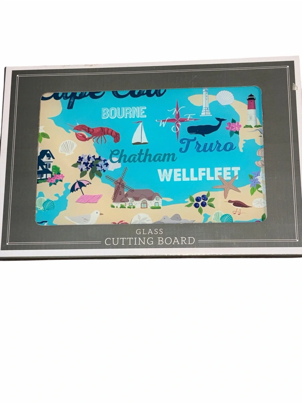 Cape Cod Glass Kitchen Cutting Board - Blue Coastal Map